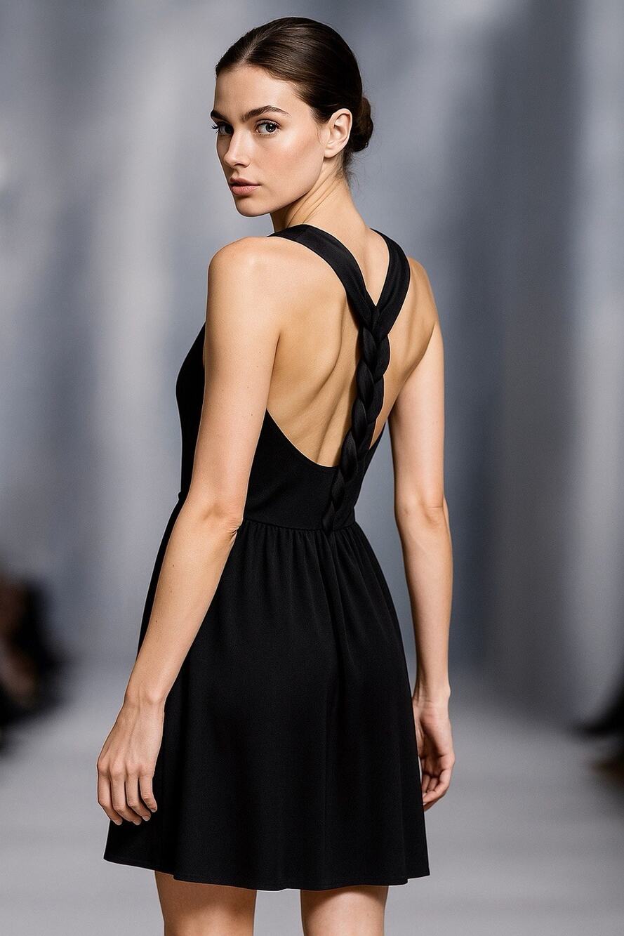 Giorgio Armani Vintage "Le Collezioni" Black Silk Blend Dress Braided Racerback